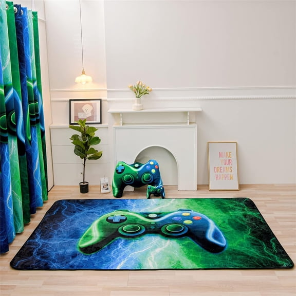 Gamer Gaming Area Rug Tie Dye Lightnings Gamepad Rug Games Console Action Buttons Print Carpet Indoor Floor Sofa Rugs for Kids Bedroom Living Room Game Room Decor(Blue-Green,5 * 8 Feet)