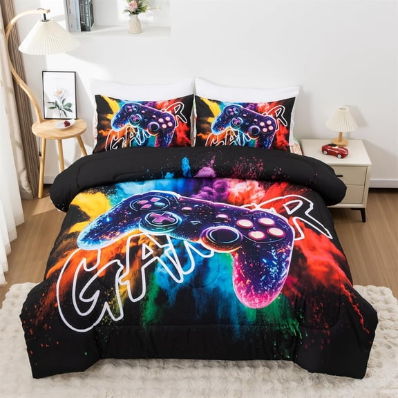Gamer Gaming Bedding Sets 3D Gamepad Comforter Sets for Boys Games Console Action Buttons Novelty Colorful Game Controller Modern Room Decor Home Quilt Set (Black-Purple, Twin)