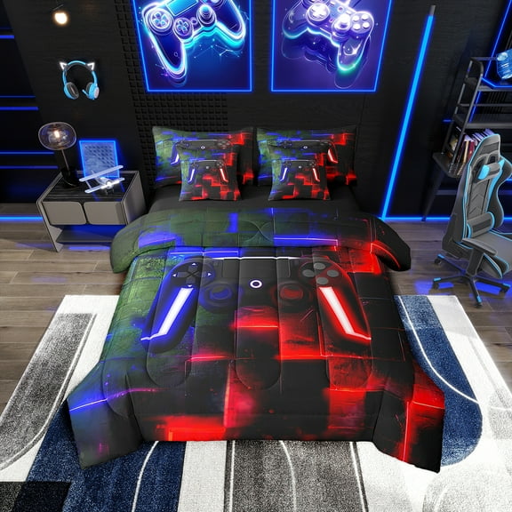 Gamer Gaming Bedding Twin Size 7-Piece Black Navy Blue Red Comforter Set, Geometric Neon Checkered Bedding Comforter Sets Video Game Themed Bed in a Bag, Aesthetic Glowing Plaid Bedding Accessories