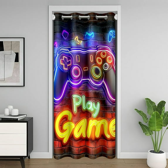 Gamer Gaming Door Curtain s,Retro Neon Gaming Door Drape Teen,Video Game Room Divider Curtain,Space Game Play Gamepad Blackout Curtain Game Room Decor,42"W X 84"L