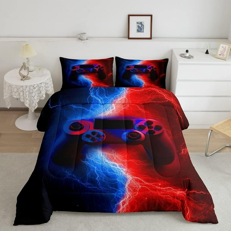Gamer Gaming Duvet Insert Queen Size Lightnings Gamepad Comforter Set Video Games Down Comforter for Kid Teens Boys Man Modern Gamer Room Decor 3 Pcs