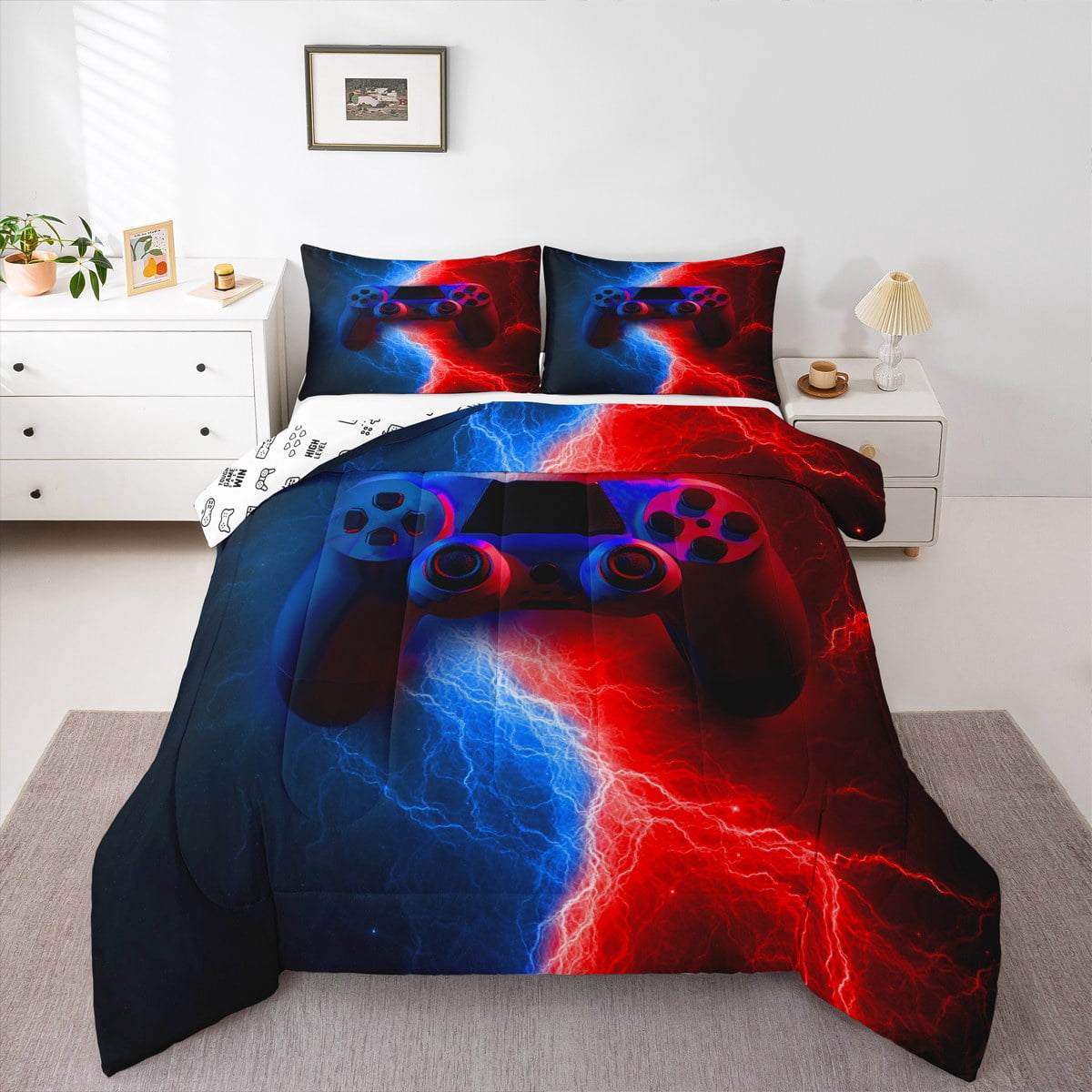 Beddengoed Set 1/2 Person Game Handle Gamer Video Game Console Gamepad Dekbedovertrek 75x50 cm Kussensloop Zwart Paars Grijs Comfortabel Dekbedovertrek Jongen Meisje (Patroon 4, 200_x_200_cm