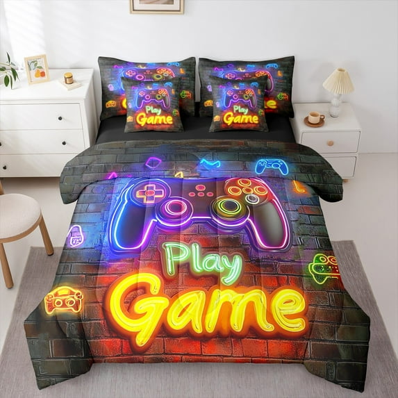 Erosebridal Gamer Gaming Full 7 Pcs Bedding Sets,Retro Neon Gaming Bed In A Bag,Teen Video Game Gaming Comforter Set For Boys,Space Game Play Gamepad Bed Set Game Room Decor Sheet Set