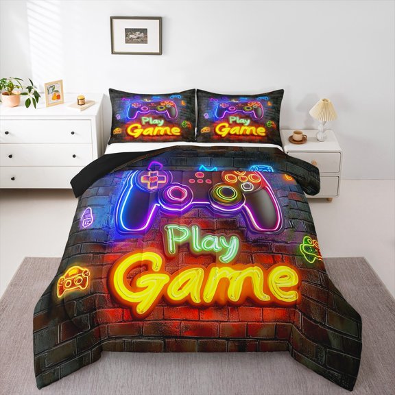Gamer Gaming Twin Bedding Retro Neon Gaming Comforter Set Teen Video Game Bedding Comforter Sets Space Game Play Gamepad Duvet Insert Game Room Decor Quilt