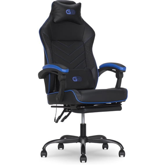 Gamer Gear EdgeX LED Ergonomic Gaming Chair with Adjustable Padded Headrest, Vibrating Lumbar Pillow, Extendable Padded Footrest, Black and Blue