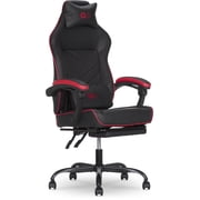 Gamer Gear EdgeX LED Ergonomic Gaming Chair with Adjustable Padded Headrest, Vibrating Lumbar Pillow, Extendable Padded Footrest, Black and Red