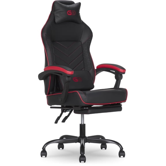 Gamer Gear EdgeX LED Ergonomic Gaming Chair with Adjustable Padded Headrest, Vibrating Lumbar Pillow, Extendable Padded Footrest, Black and Red