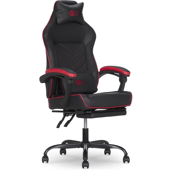 Gamer Gear EdgeX LED Ergonomic Gaming Chair with Adjustable Padded Headrest, Vibrating Lumbar Pillow, Extendable Padded Footrest, Black and Red