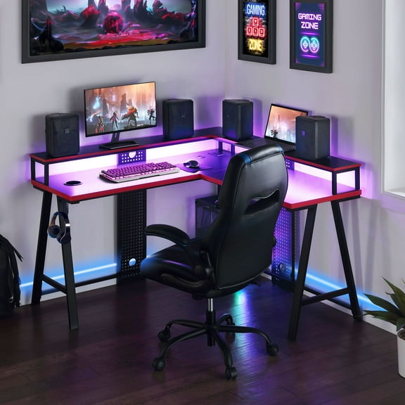 Gamer Gear Gaming L-Shaped Desk with LED, Risers and Power Station