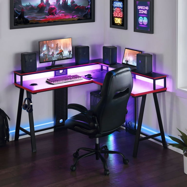 Gamer Gear Gaming L-Shaped Desk with LED, Risers and Power Station