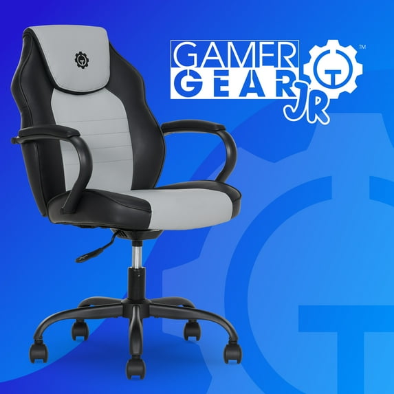 Gamer Gear Jr. Xplorer Gaming and Computer Chair, Kids and Teens Gaming Chair with Padded Arms, Adjustable Height, Gray and Black