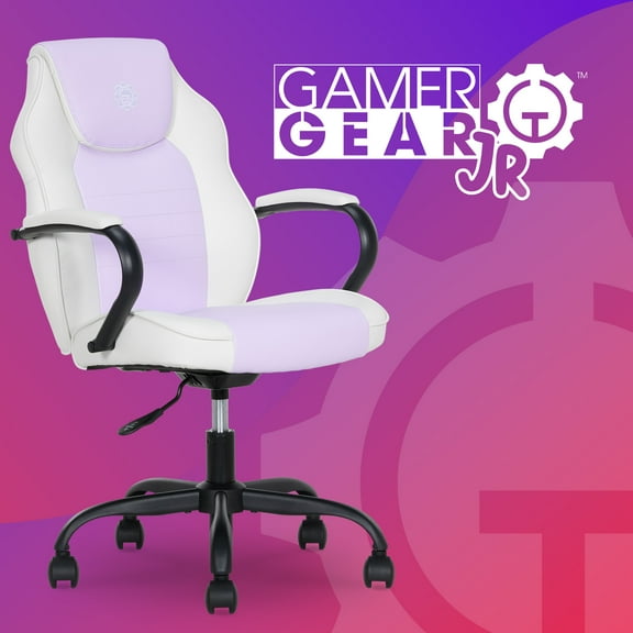 Gamer Gear Jr. Xplorer Gaming and Computer Chair, Kids and Teens Gaming Chair with Padded Arms, Adjustable Height, Lavender and White