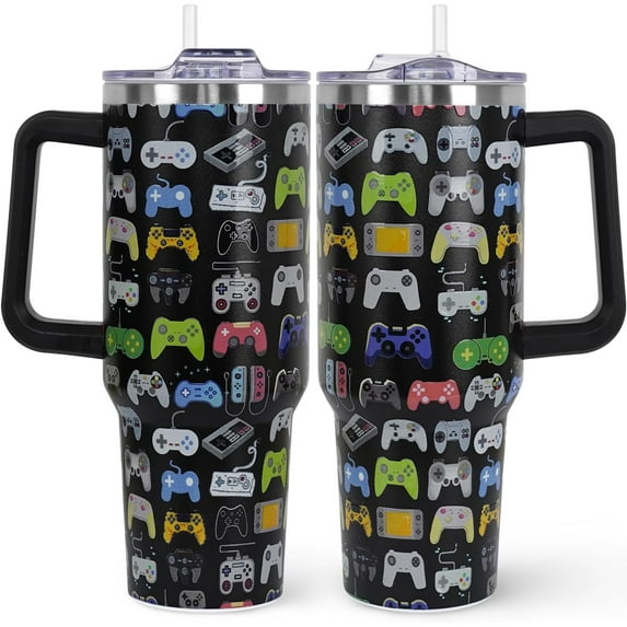 Gamer Gifts 40 oz Tumbler with Handle and Straw Lid for Men,Cool Game Controller Gamepad Presents for Teens Son Dad Boyfriend Husband Father Christmas Easter Birthday Gift Tumbler Coffee Cup Mug