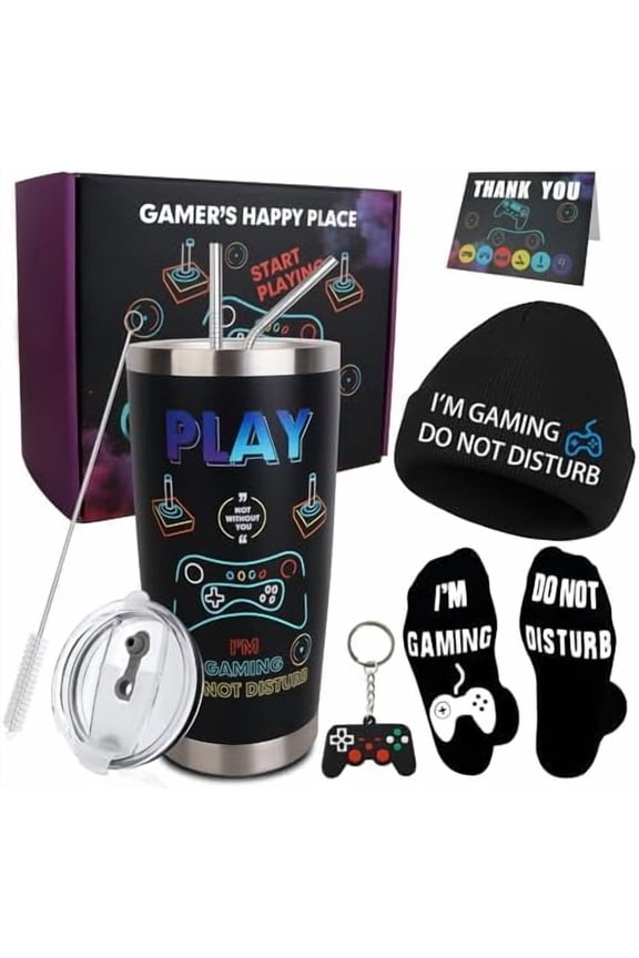 Gamer Gifts, 8PCS Cool Gaming Gift Bulk Set Includes Tumbler Straw Beanie Socks Key Chain Thanks Card Gift Box, Christmas Gifts for Teen Teenage Boys Men Idea