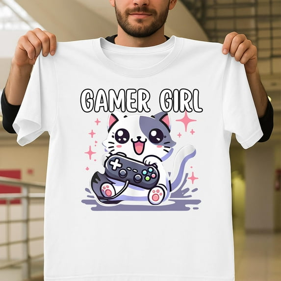 Gamer Girl Cat Cute Video Game Tee For Women Feline Unisex T-Shirt, Player Graphic V61153, Up to Size 5XL