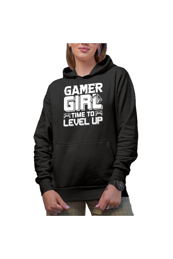 Gamer Girl, Time to Level Up - Video Gaming Enthusiast feat. a Game Controller, Black Hooded Sweatshirt or Hoodie, Medium