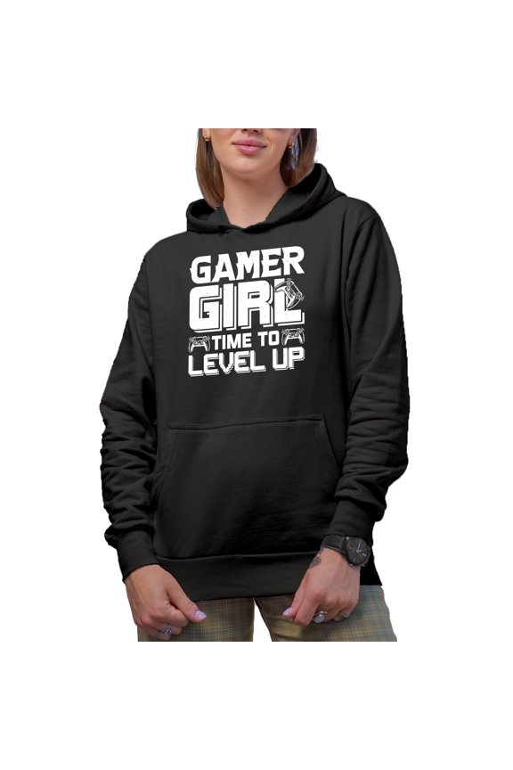 Gamer Girl, Time to Level Up - Video Gaming Enthusiast feat. a Game Controller, Black Hooded Sweatshirt or Hoodie, Small