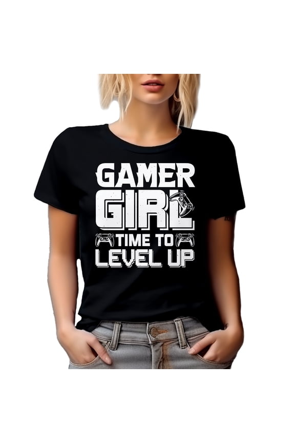 Gamer Girl, Time to Level Up - Video Gaming Enthusiast feat. a Game Controller, Black T-Shirt, Large