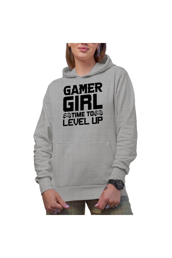 Gamer Girl, Time to Level Up, Video Gaming Enthusiast feat. a Game Controller, Heather Grey Hooded Sweatshirt or Hoodie, 3XL