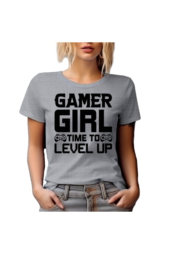 Gamer Girl, Time to Level Up, Video Gaming Enthusiast feat. a Game Controller, Heather Grey T-Shirt, XL