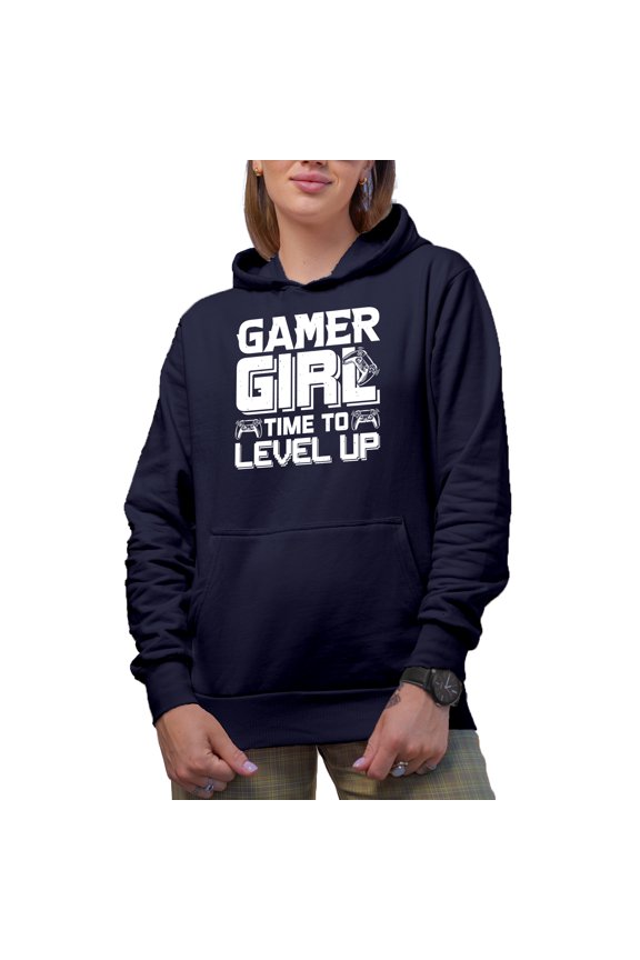 Gamer Girl, Time to Level Up - Video Gaming Enthusiast feat. a Game Controller, Navy Blue Hooded Sweatshirt or Hoodie, Medium