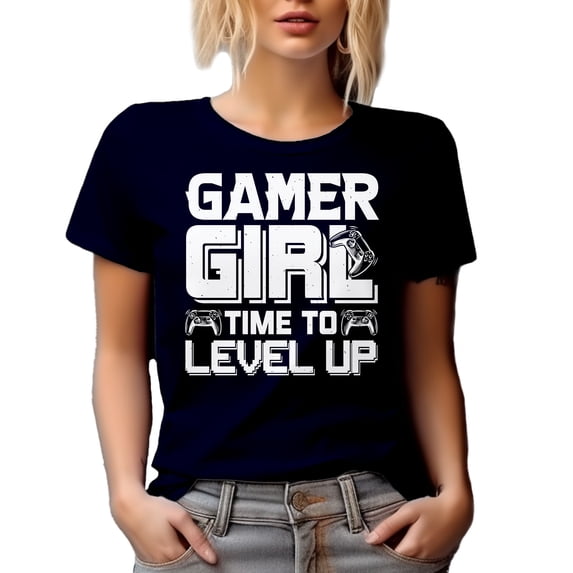 Gamer Girl, Time to Level Up - Video Gaming Enthusiast feat. a Game Controller, Navy Blue T-Shirt, Small