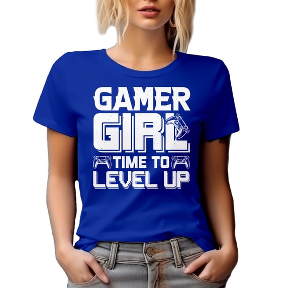 Gamer Girl, Time to Level Up - Video Gaming Enthusiast feat. a Game Controller, Royal Blue T-Shirt, Large