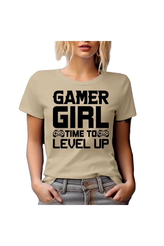 Gamer Girl, Time to Level Up, Video Gaming Enthusiast feat. a Game Controller, Tan T-Shirt, Large