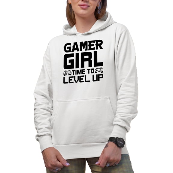 Gamer Girl, Time to Level Up, Video Gaming Enthusiast feat. a Game Controller, White Hooded Sweatshirt or Hoodie, Medium