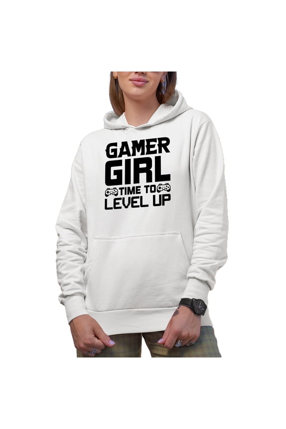 Gamer Girl, Time to Level Up, Video Gaming Enthusiast feat. a Game Controller, White Hooded Sweatshirt or Hoodie, Medium