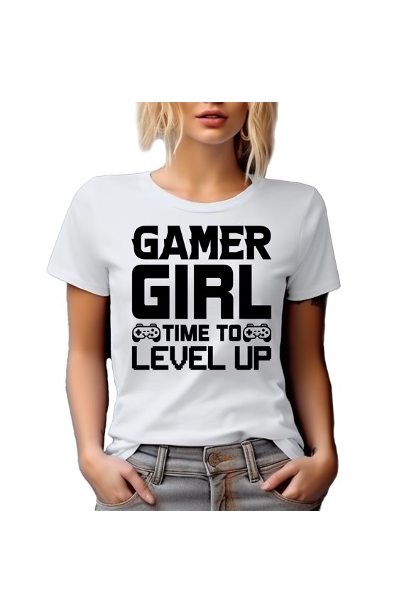 Gamer Girl, Time to Level Up, Video Gaming Enthusiast feat. a Game Controller, White T-Shirt, Medium