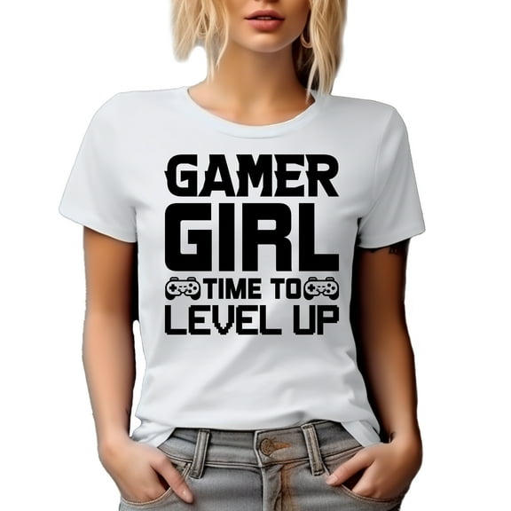 Gamer Girl, Time to Level Up, Video Gaming Enthusiast feat. a Game Controller, White T-Shirt, Small