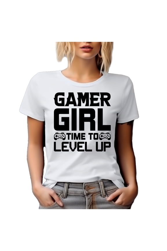 Gamer Girl, Time to Level Up, Video Gaming Enthusiast feat. a Game Controller, White T-Shirt, Small