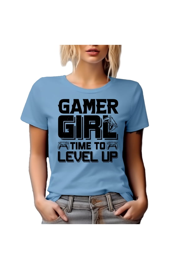 Gamer Girl, Time to Level Up, Video Gaming Enthusiast with Game Controller, Baby Blue T-Shirt, Large