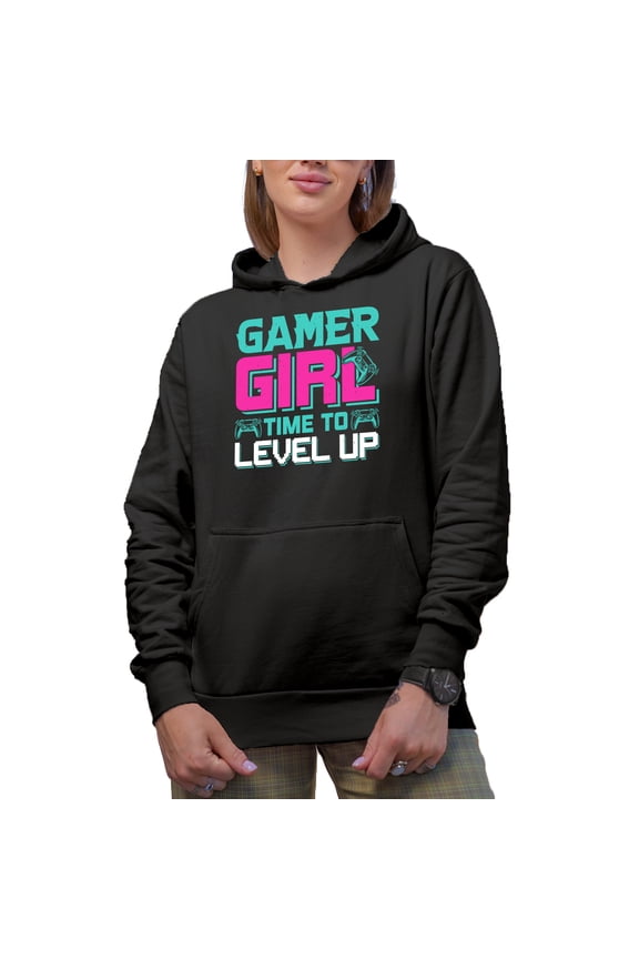 Gamer Girl, Time to Level Up - Video Gaming Enthusiast with Game Controller, Black Hooded Sweatshirt or Hoodie, Small