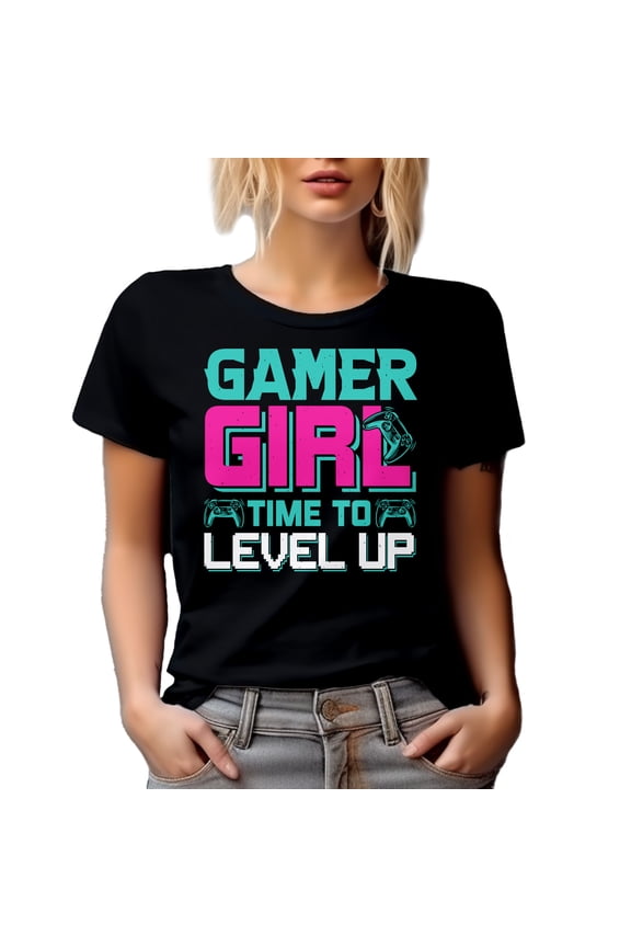 Gamer Girl, Time to Level Up - Video Gaming Enthusiast with Game Controller, Black T-Shirt, Medium