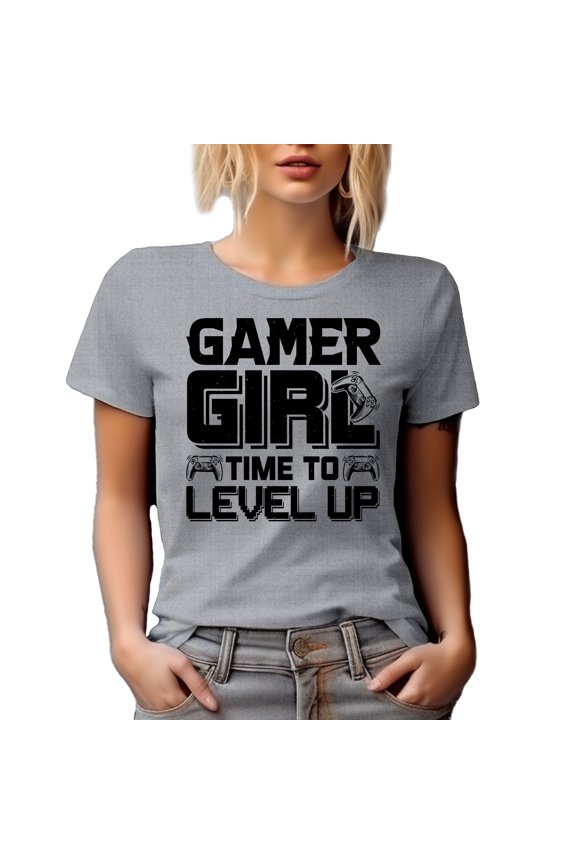 Gamer Girl, Time to Level Up, Video Gaming Enthusiast with Game Controller, Heather Grey T-Shirt, Small