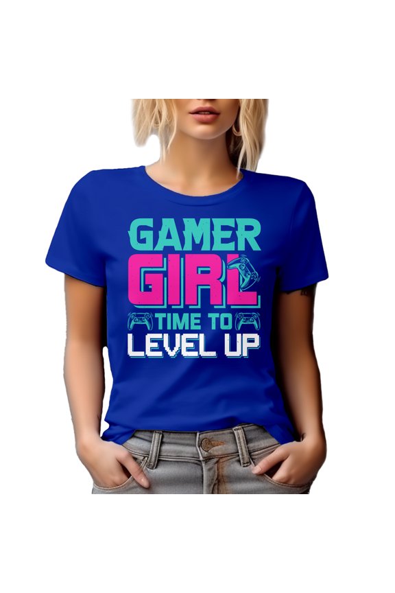 Gamer Girl, Time to Level Up - Video Gaming Enthusiast with Game Controller, Royal Blue T-Shirt, Large