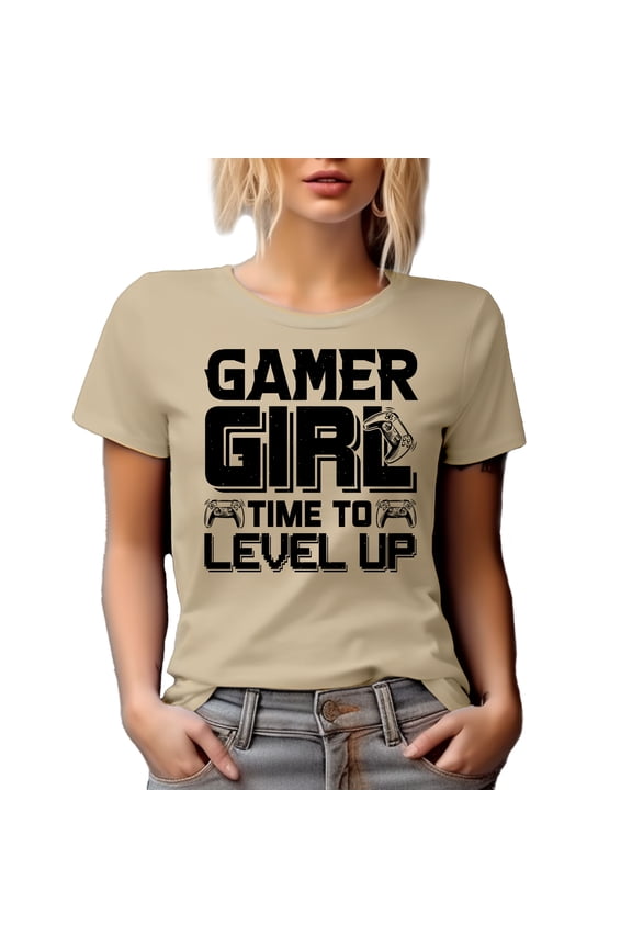 Gamer Girl, Time to Level Up, Video Gaming Enthusiast with Game Controller, Tan T-Shirt, Large