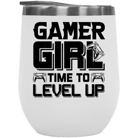 Gamer Girl, Time to Level Up, Video Gaming Enthusiast with Game Controller, White 12oz Wine Tumbler