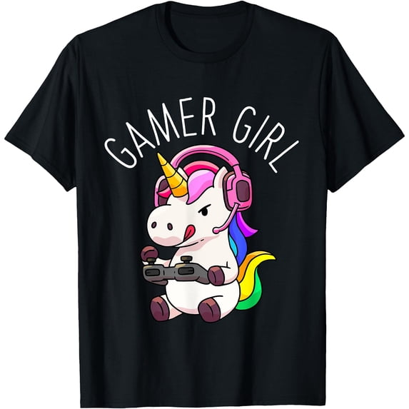 Gamer Girl Unicorn Gaming Cute Video Game Gift Unisex T-Shirt for Men Women Kids Toddler,Black Color,Size L