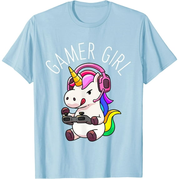 Gamer Girl Unicorn Gaming Cute Video Game Gift Unisex T-Shirt for Men Women Kids Toddler,Light Blue Color,Size L