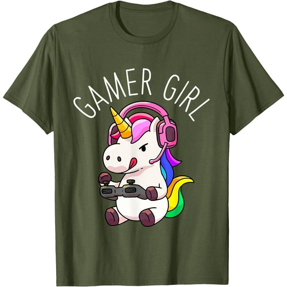 Gamer Girl Unicorn Gaming Cute Video Game Gift Unisex T-Shirt for Men Women Kids Toddler,Military Green Color,Size M