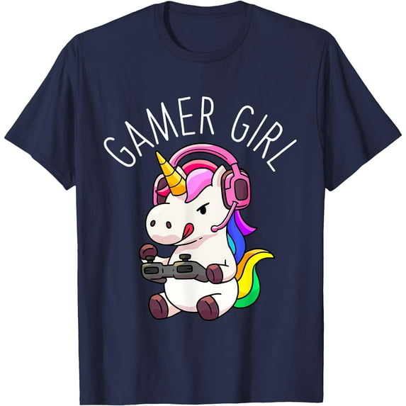 Gamer Girl Unicorn Gaming Cute Video Game Gift Unisex T-Shirt for Men Women Kids Toddler,Navy Color,Size YXL