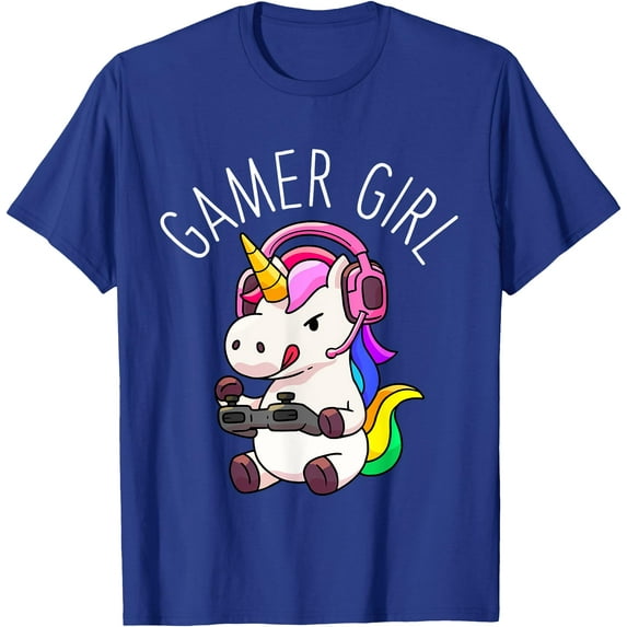 Gamer Girl Unicorn Gaming Cute Video Game Gift Unisex T-Shirt for Men Women Kids Toddler,Royal Blue Color,Size 5XL