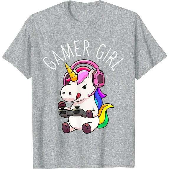 Gamer Girl Unicorn Gaming Cute Video Game Gift Unisex T-Shirt for Men Women Kids Toddler,Sport Grey Color,Size YL