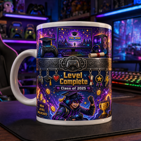 Gamer Graduation Mug, Level Complete Coffee Cup Gift for Class of 2025 Player