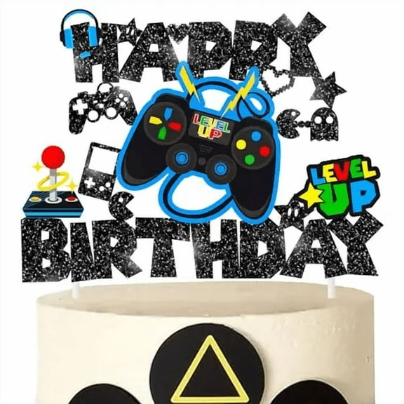 Gamer Happy Birthday Cake Topper  Preassembled 7.3"x5.5" Glitter Video Game Cake Decoration for Boys