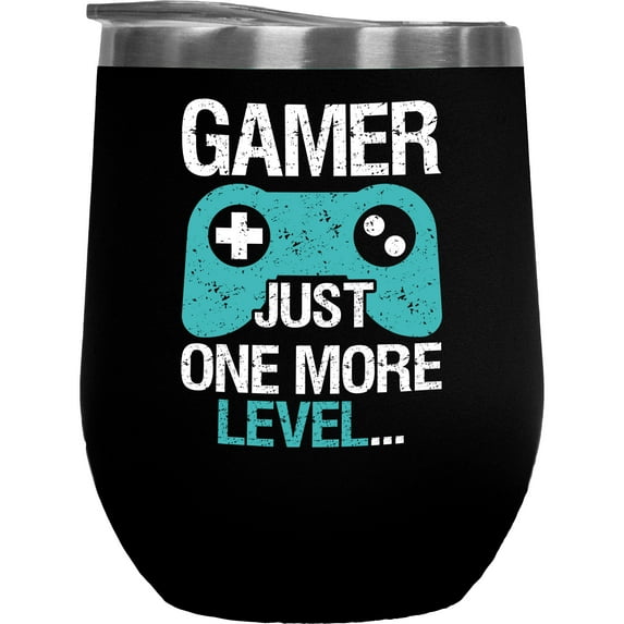 Gamer, Just One More Level with Gaming or Game Controller, Black 12oz Wine Tumbler