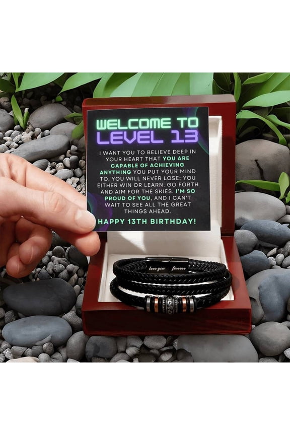 Gamer Level Up Happy 13th Birthday Gift For Teen Boy Braided Vegan Leather Men Bracelet